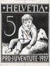 Entwurf für eine Briefmarke im Wert von 5 Rappen mit den Beschriftungen «Helvetia» und «Pro Juventute 1927». Abgebildet ist ein Junge in zerschlissenen Kleidern und mit ungekämmtem Haar. Er sitzt auf dem Gras und schaut zu Boden. - vue agrandie