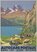 Ein Plakat, darauf zu sehen: Offenes Postauto Alpenwagen mit Passagieren, mit Blick auf den See, Aufschrift unten "AUTOCARS POSTAUX dans les Alpes Suisses"