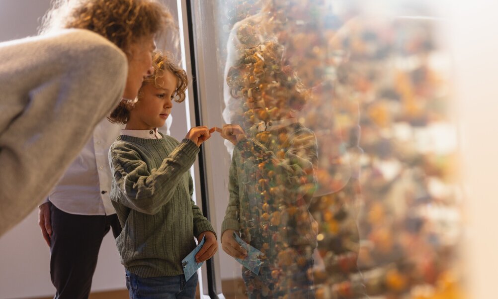 Eine erwachsene Person und ein Kind schauen in eine Vitrine mit unzähligen kleinen Plastikfiguren.