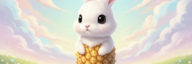 Ein offensichtlich KI-generiertes Bild: Auf einer grünen Wiese steht eine verkehrte Ananas, aus der ein niedlicher, weisser Hase schaut. Im Hintergrund ein Wolkenhimmel in sanften Pastelltönen. - vergrösserte Ansicht