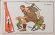 Illustrierte historische Postkarte: Ein riesiger Wilhelm Tell packt zwei kleine fremde Soldaten an den Ohren und schleift sie fort.