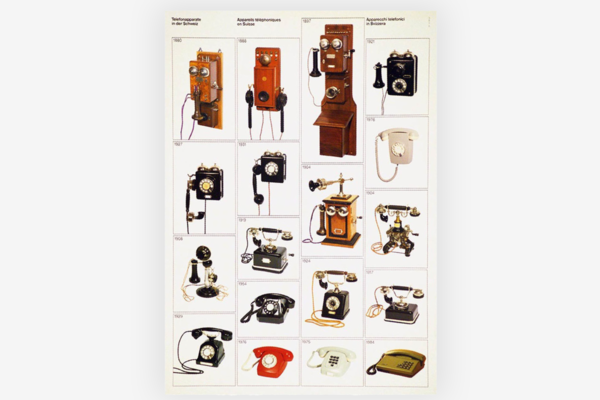 Poster mit siebzehn verschiedenen Telefonapperaten auf weissem Hintergrund.