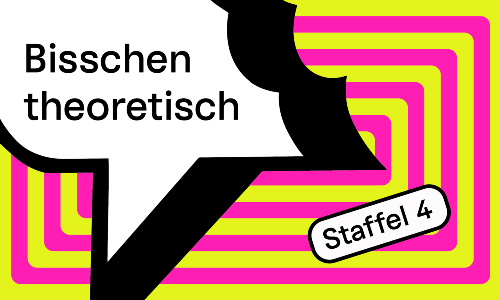 Pink, gelber Spiralenhintergrund mit angeknabberter Sprechblase auf der steht "Bisschen theoretisch" 