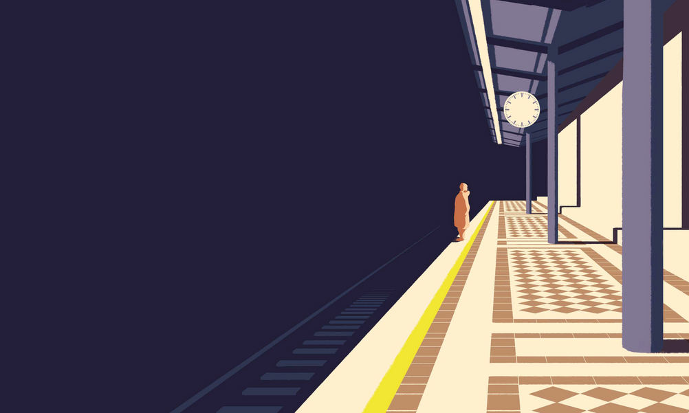 Grafik eines hellen Bahnsteigs in einer dunklen Tunnelröhre. Weit hinten ist eine einzelne Person zu sehen, oben hängt eine Uhr ohne Zeiger.