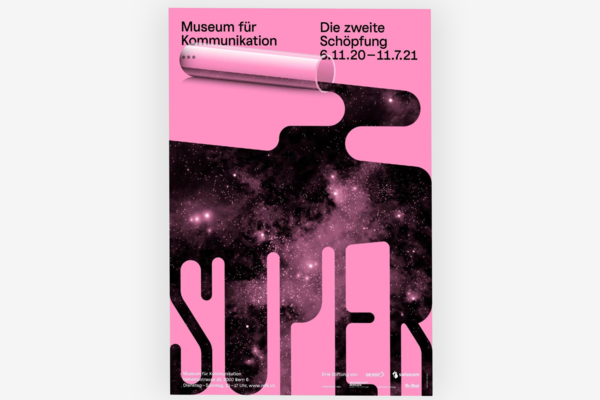 Das Poster der Wechselausstellung Super mit abgebildetem Reagenzglas und grossem SUPER-Schriftzug.