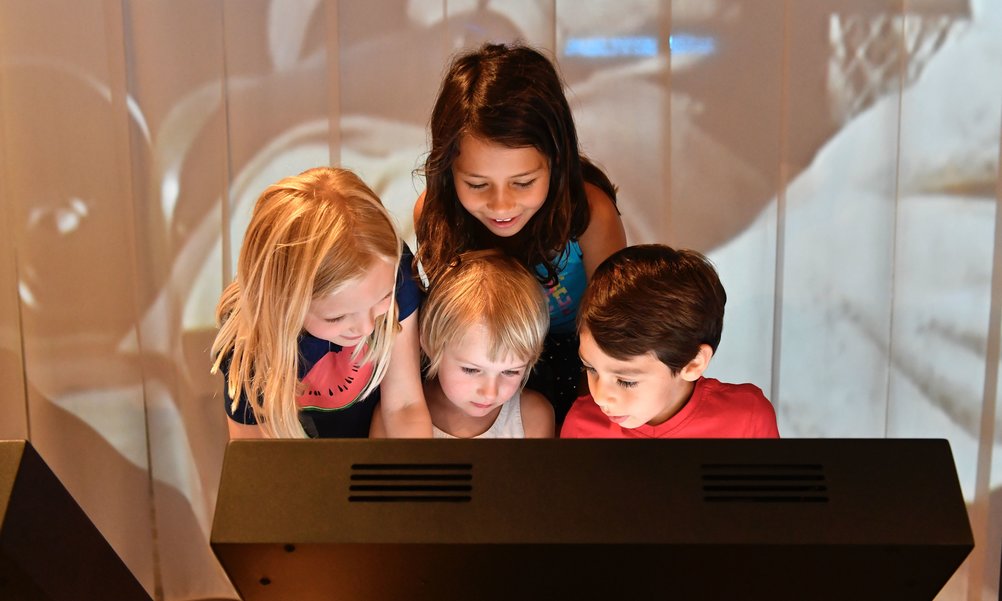 Vor einer Videoprojektion beugen sich vier Kinder über einen Bildschirm. Wir sehen nicht, was auf dem Bildschirm zu sehen ist, aber die Kinder schauen amüsiert und interessiert.