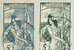 Zwei identische Briefmarken mit einer Zeichnung einer Frau, die einen Telegrafenmasten hochhält - im Hintergrund eine Weltkugel. Eine Briefmarke ist blau, eine grün. - vergrösserte Ansicht