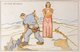 Illustrierte historische Postkarte: Ein Schweizer mit Sennenkäppi und Melchstuhl wischt vor Helvetia fremde Soldaten aus dem Land.