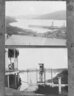 Zwei abfotografierte Schwarzweiss-Fotos. Auf beiden sieht man einen Fluss. Das obere Bild zeigt eine Hafenanlage mit Eisenbahn-Geleisen. Auf dem unteren ist ein Messgerät gut erkennbar, das am Flussufer montiert ist, daneben ist der Rand eines Schiffes zu sehen. - vergrösserte Ansicht