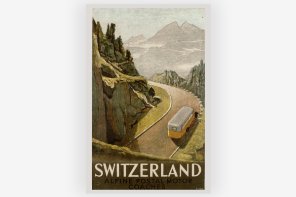 Poster mit Malerei eines Postautos auf einer Bergstrasse.