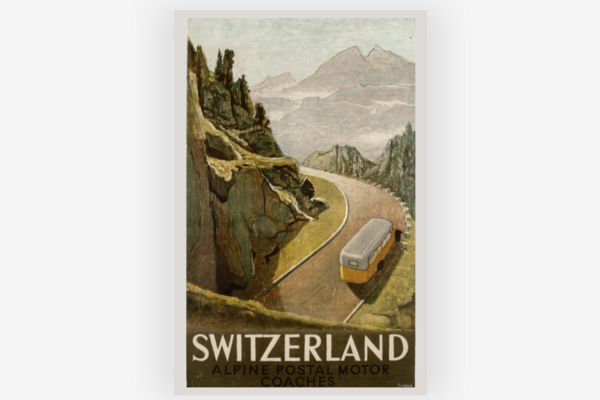 Poster mit Malerei eines Postautos auf einer Bergstrasse.