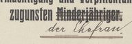 Schriftstück von 1912 mit dem Titel "Ermächtigung und Verpflichtung zugunsten Minderjähriger". Das Wort "Minderjähriger" ist durchgestrichen und darunter steht "Ehefrauen". - vergrösserte Ansicht