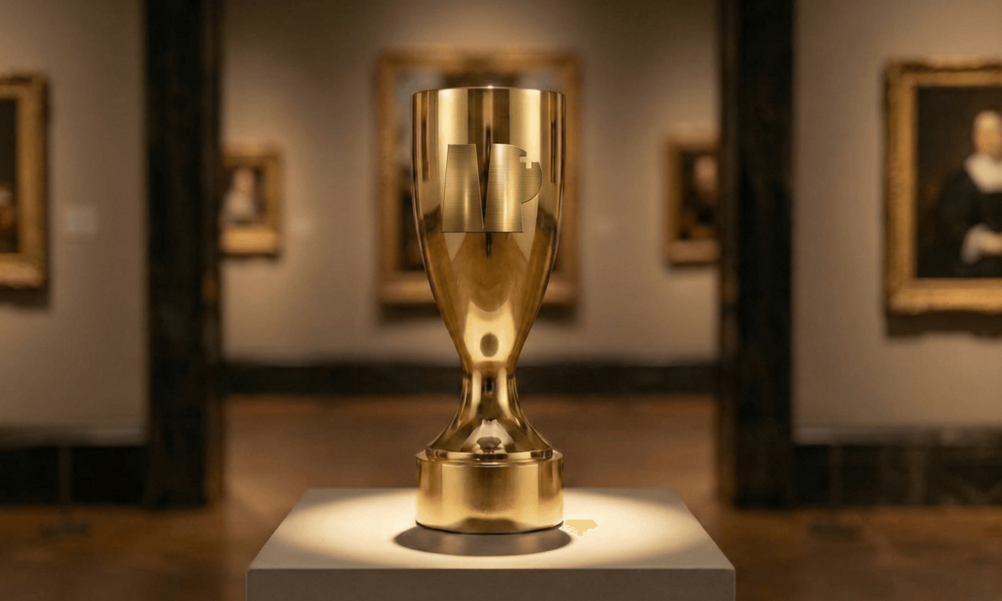 Ein goldener Pokal steht auf einem Podest ein Räumen mit Bildern an den Wänden.
