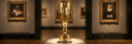 Ein goldener Pokal steht auf einem Podest ein Räumen mit Bildern an den Wänden. - vergrösserte Ansicht