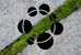 Green moss grows in the gap between two grey stone slabs. Above it is a graphic symbol with seven circles that are connected to each other.