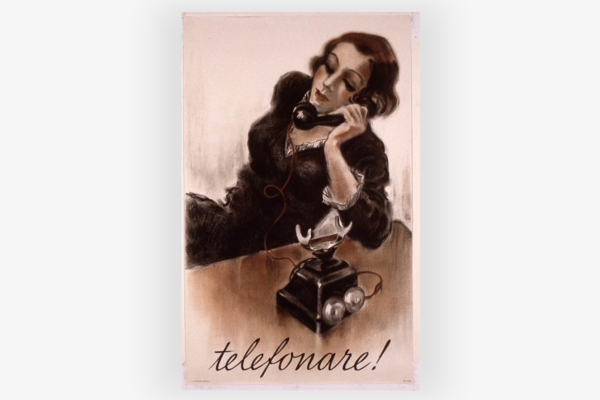 Poster mit der Malerei einer Frau die telefoniert. Darunter der Slogan: "Telefonare!"